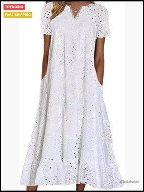 Cotton Floral Lace Eyelet Midi Dress with Ruffle Hem and Pocket